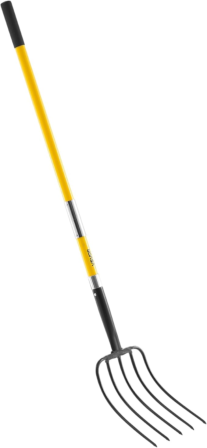 VEVOR Garden Fork, 5-Tine Gardening Pitchfork with Fiberglass Handle, 57 in Heavy Duty Digging Fork with Y Grip, Forged Steel Spading Fork for Hay Potato Composting Transplanting Aeration