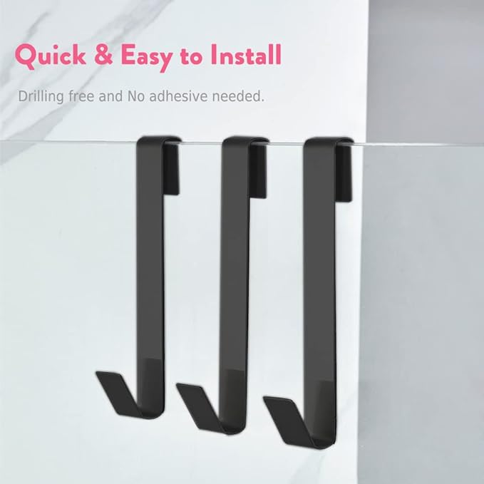 Extended Shower Hooks, Towel Hooks for Frameless Glass Shower Door, 3 Pack Matte Black Stainless Steel