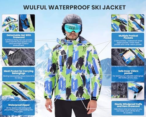 WULFUL Men's Waterproof Ski Jacket Warm Winter Coats Windproof Winter Jackets for Men Fleece Lined Windbreaker with Hood