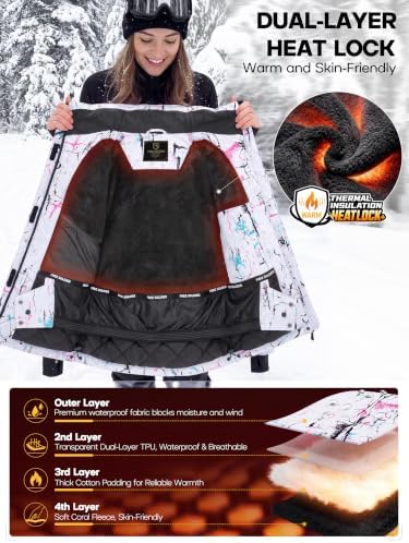 FREE SOLDIER Women's Waterproof Ski Snow Jacket Fleece Lined Warm Winter Rain Jacket with Hood Fully Taped Seams