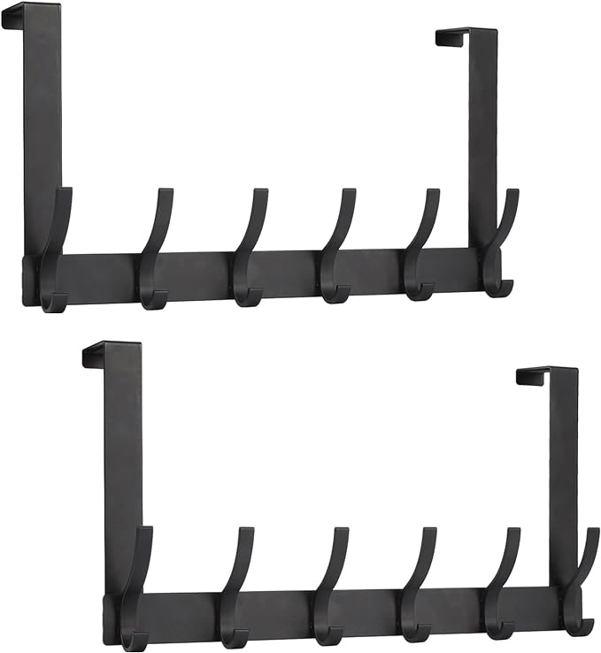 Over The Door Hooks, Door Hanger Hooks for Hanging, Over The Doors Towel Racks for Bathroom with 12 Coat Hook, Coat Rack Bathroom Accessories（2 Pack, Black）