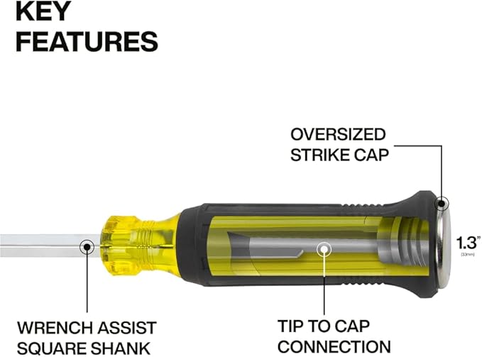 Klein Tools 6004DD 1/4-Inch Keystone Demolition Screwdriver, Steel Tip-to-Cap Construction Demo Screwdriver, Cushion-Grip Handle, Oversized Strike Cap, Square Shank with Wrench Assist