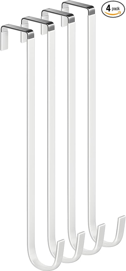 Over The Door Metal Hooks with Plastic Coating 12" Fit 0.5" to 1 3/8" Door 4 Pcs Heavy Duty Single Towel Robe Rack Wreath Bathroom Shower Hanger Shoe Organizer Ironing Board Long White