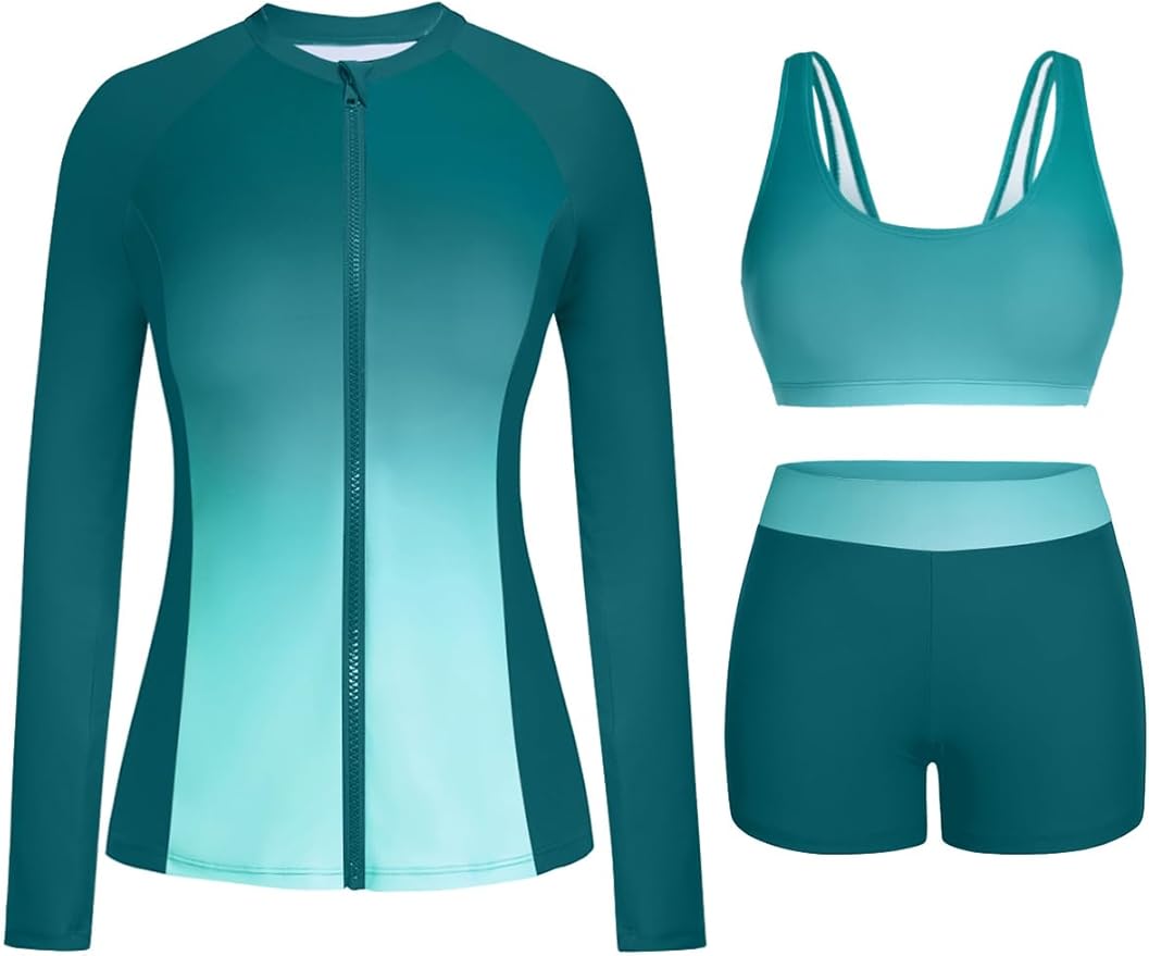 Holipick Long Sleeve Swimsuits for Women - 3 Piece Rash Guard with Shorts Zipper SPF Swim Shirt with Built in Bra