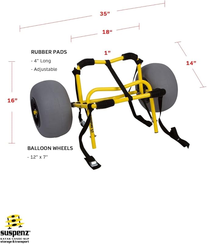 Suspenz Kayak Beach Cart Trailer, DLX Canoe Trolley with Balloon Wheels Sand Tires and Straps, Yellow, Flat Platform, 22-7044