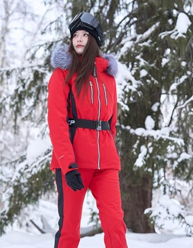 Womens Ski Jacket Fitted Snow Coat with Belted Fur Hood