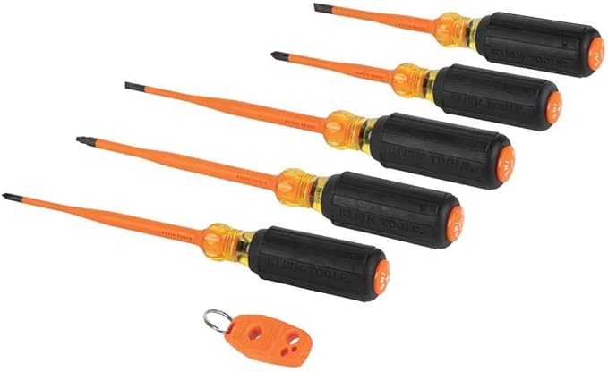 Klein Tools 33736INS Insulated Screwdriver Set, Made in USA, 1000V Slim-Tip Driver with Phillips, Cabinet and Square Bits and a Magnetizer, 6-Piece