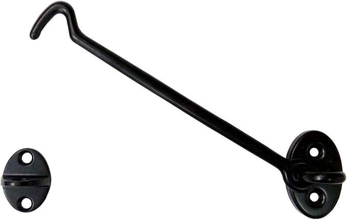 QCAA Heavier Duty Brass Door Hook Latch & Eye, 6", Matte Black, 2 Pack, Made in Taiwan