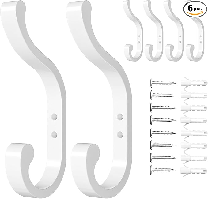 Large Wall Hooks For Hanging Coat: Metal Coat Hooks Wall Mount - Wall Hooks For Hanging Heavy Duty (30Lb) - Screw In Hooks - Mudroom Hooks for clothes, Backpack, Purse, Bathroom Towel (White, 6 Pack)