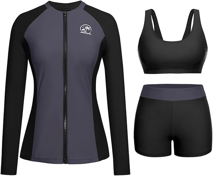 Holipick Long Sleeve Swimsuits for Women - 3 Piece Rash Guard with Shorts Zipper SPF Swim Shirt with Built in Bra