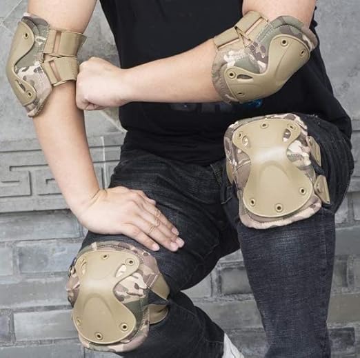 Military Tactical Knee Pad Elbow Pad Set Airsoft Knee Elbow Protective Pads Combat Paintball Skate Outdoor Sports Safety Guard Gear (X-Shape CP Camouflage, M, 4pcs Set)