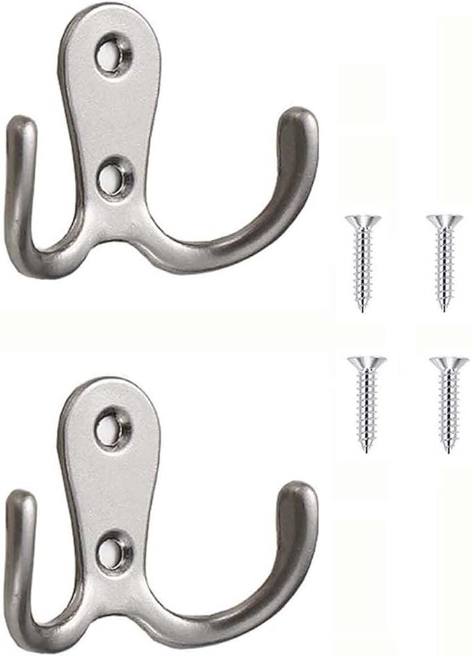 2 Pcs Double Prong Robe Hooks, Dual Coat Hooks Wall Mounted Hanging Clothes for Bathroom Bedroom Door Wall Retro Metal Cloth Hanger Double Coat Hooks with 4 Screws (Matte Silver)