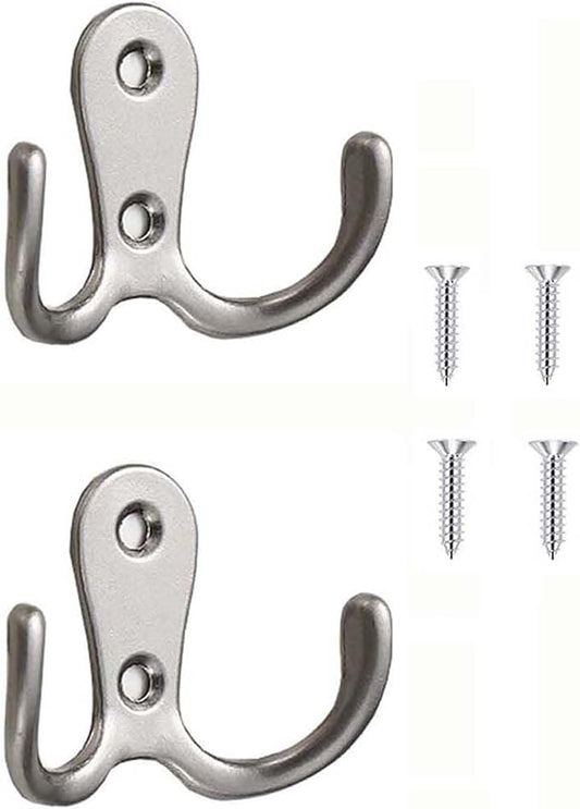 2 Pcs Double Prong Robe Hooks, Dual Coat Hooks Wall Mounted Hanging Clothes for Bathroom Bedroom Door Wall Retro Metal Cloth Hanger Double Coat Hooks with 4 Screws (Matte Silver)