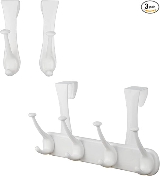 Lekarf Over The Door Coat Hook Kit, 1PC 4 Dual Hooks Rack + 2PC Dual Head Hook, White PP Material for Living Room, Bedroom, Bathroom, Wardrobe, Fitting Room, Office