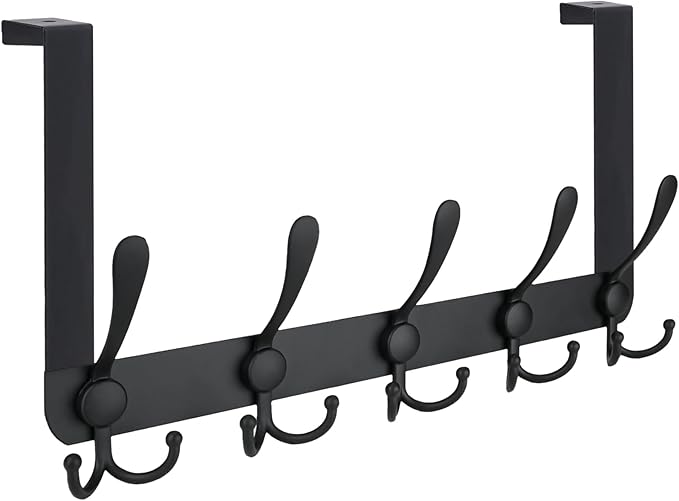 TICONN Over The Door Hooks, 5 Heavy Duty Tri Coat Rack All Metal Coat Hanger for Bathroom Bedroom Dorm (Matte Black, 1PK, Fit 1-3/8" Doors)