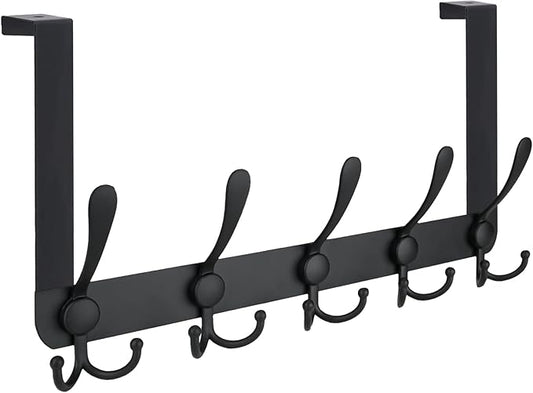 TICONN Over The Door Hooks, 5 Heavy Duty Tri Coat Rack All Metal Coat Hanger for Bathroom Bedroom Dorm (Matte Black, 1PK, Fit 1-3/4" Doors)