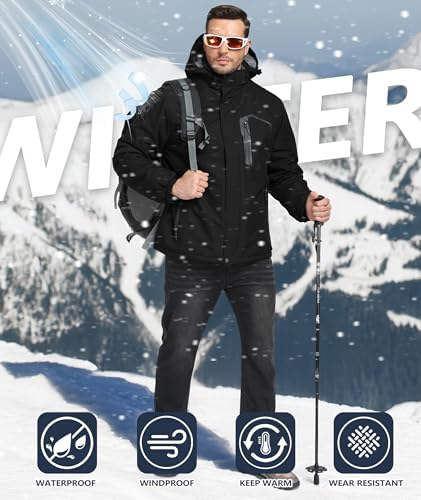 Mens Winter Jackets Waterproof Warm Fleece Ski Jacket with Hood Thermal Windproof Coat Zip Pockets