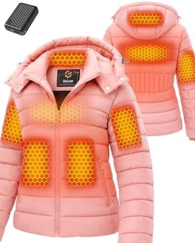 Wulcea Graphene Heated Jacket for Women Lightweight Hooded Puffer Waterproof 12V 18400mAh Large Capacity Battery Fast Charge