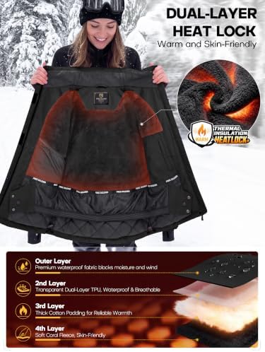 FREE SOLDIER Women's Waterproof Ski Snow Jacket Fleece Lined Warm Winter Rain Jacket with Hood Fully Taped Seams