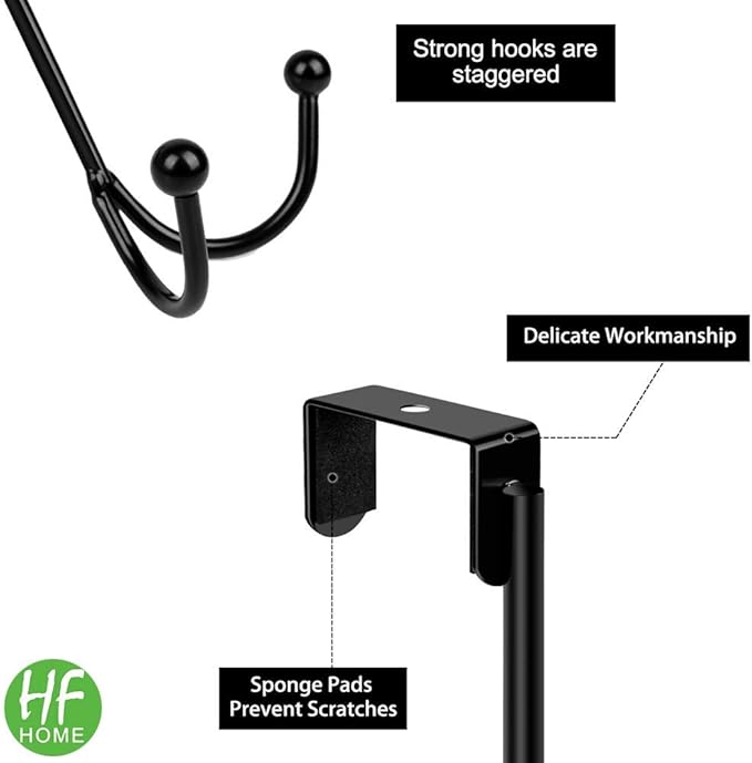 HFHOME 4Packs Over The Door Double Hanger Hooks, Metal Twin Hooks Organizer for Hanging Coats, Hats, Robes, Towels- Black