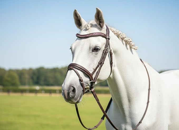 Equine Care Leather English Horse Bridle with Reins, Full Size, Choice of Browband Style, Padded Crown & Cavesson Noseband, Stainless Steel Hardware, Hunter Show Bridle.