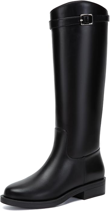 Athlefit Women's Knee High Riding Boots Round Toe Low Heel Tall Boots Pull On Long Booties with Buckle