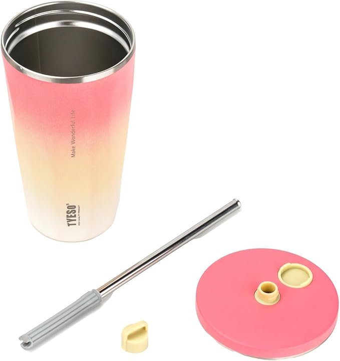 TYESO Stainless Steel Coffee Bottle, 20oz Wide Mouth Travel Coffee Cup with Straw, Vacuum Insulated Stainless Steel Tumbler, Hot & Cold Thermal Mug for Home Office Outdoor, Pink