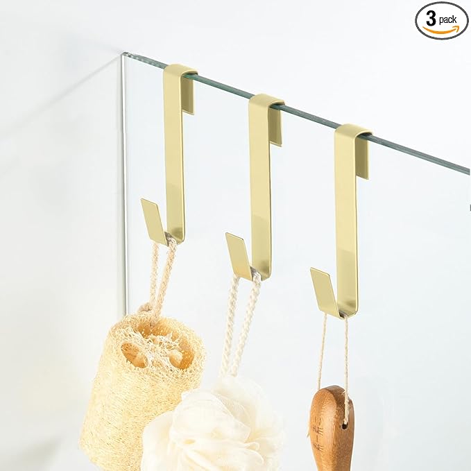 Extended Shower Hooks 6.5 in, Towel Hook, Over Glass Door Hook for Bathroom, Suits Frameless Glass Shower Door 0.39" (10 mm) Stainless Steel Gold, 3 Pack