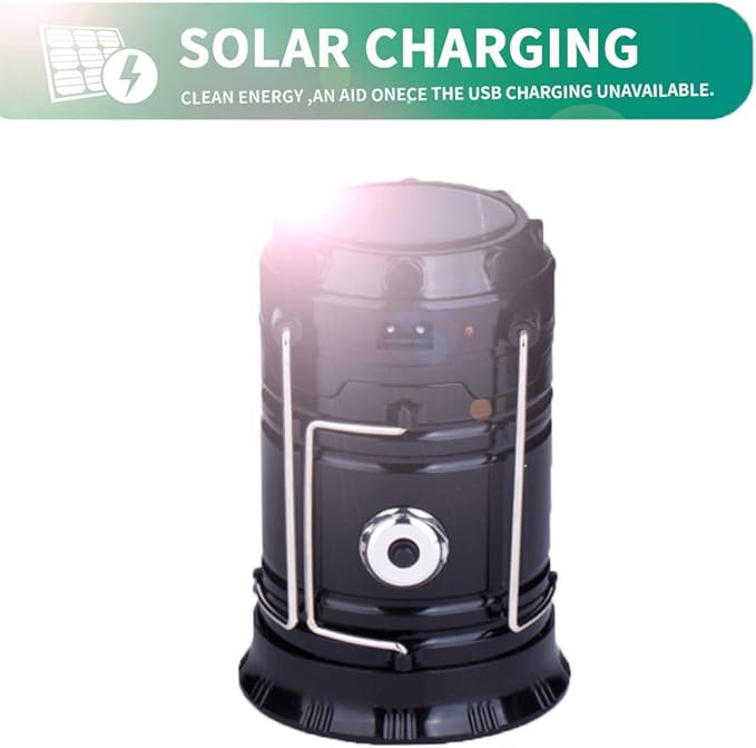 LED Camping Lantern, Solar and Rechargeable Lantern Flashlight Collapsible and Portable Light for Daily/Camp/Hiking/Night Fishing/Emergency/Hurricanes/Storm(Black, 1 Pack)