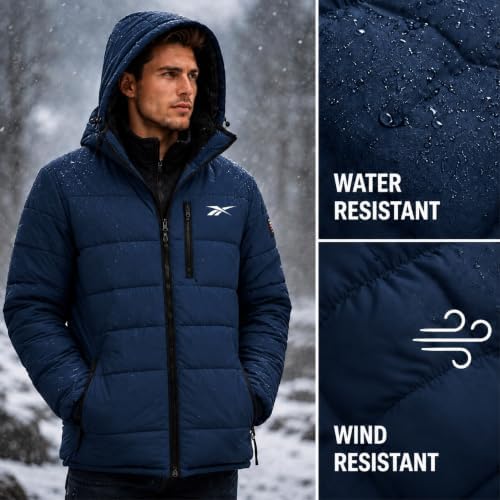 Reebok Mens Sherpa Lined Hooded Puffer Jacket, Quilted Winter Coat
