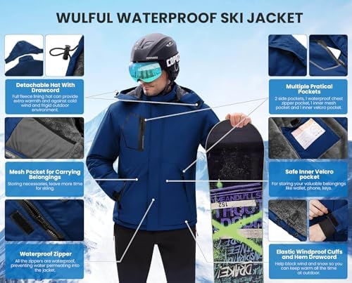 WULFUL Men's Waterproof Ski Jacket Warm Winter Coats Windproof Winter Jackets for Men Fleece Lined Windbreaker with Hood