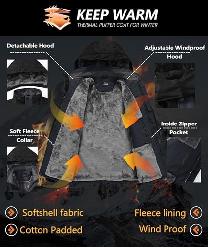 Mens Winter Jackets Waterproof Warm Fleece Ski Jacket with Hood Thermal Windproof Coat Zip Pockets