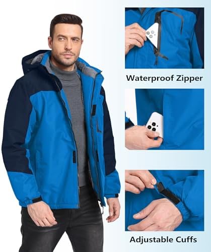 Mens Winter Jackets Waterproof Warm Fleece Ski Jacket with Hood Thermal Windproof Coat Zip Pockets