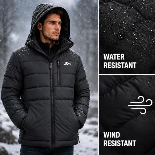 Reebok Mens Sherpa Lined Hooded Puffer Jacket, Quilted Winter Coat