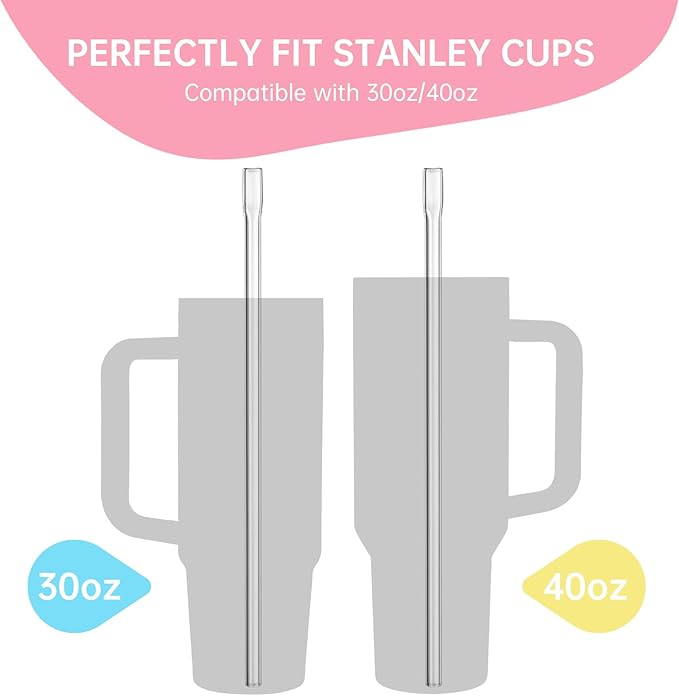 NiHome 12PCS Clear Anti-Wrinkle Plastic Reusable Drinking Straws Fit for Stanley 30oz 40 oz Tumbler, 12" Flat-Tip No Wrinkle Straws, Wrinkle Free Straw for Cold Beverages with 2 Brushes (12 Straight)