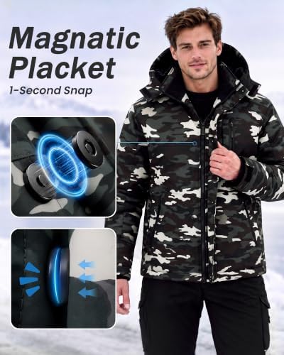 Yufawow Magnetic Placket No Fumbling Just Snap Men Winter Jacket Skiing Jacket Insulated Fleece Lined Waterproof Windbreaker for Snowboard Hiking Camping ATV Outdoor Work