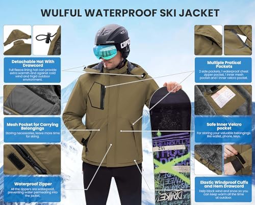 WULFUL Men's Waterproof Ski Jacket Warm Winter Coats Windproof Winter Jackets for Men Fleece Lined Windbreaker with Hood