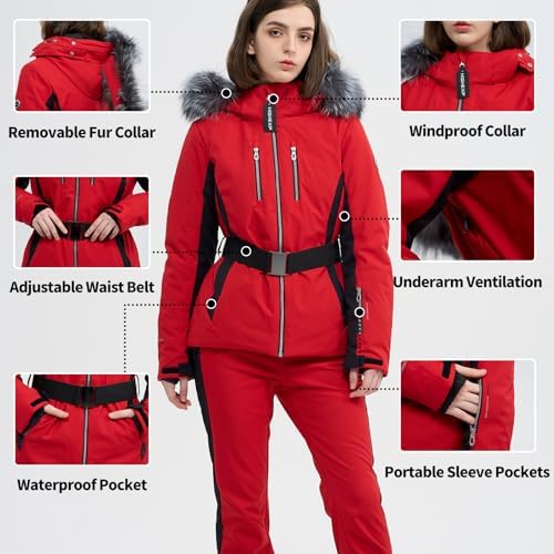 Womens Ski Jacket Fitted Snow Coat with Belted Fur Hood