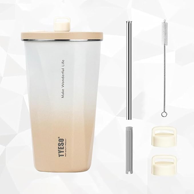 TYESO Stainless Steel Coffee Bottle, 20oz Wide Mouth Travel Coffee Cup with Straw, Vacuum Insulated Stainless Steel Tumbler, Hot & Cold Thermal Mug for Home Office Outdoor, Mocha