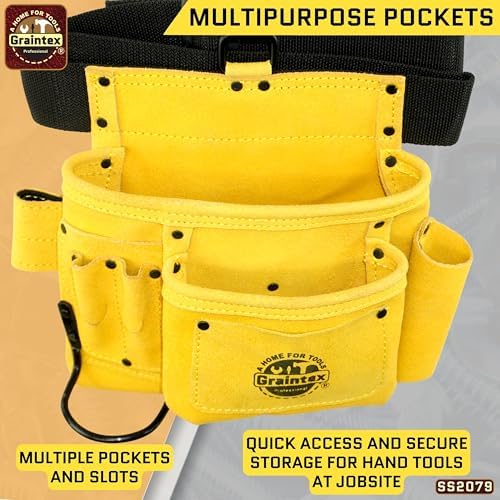 Graintex 5 Pocket Suede Leather Tool Belt/Bag, Multipurpose Leather Tool Belt for Women and Men, Ideal for Construction, Electrician, Handymen, Carpenter, Gardening Pouch & DIY Projects