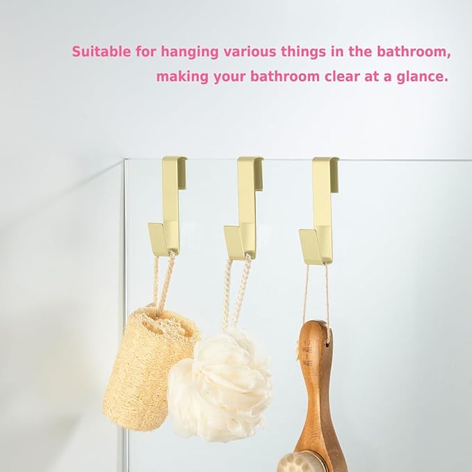 Shower Door Hooks,Towel Hook, Over Glass Door Hook for Bathroom, Suit for Frameless Glass Shower Door 0.39" (10 mm) Stainless Steel Gold, 3 Pack