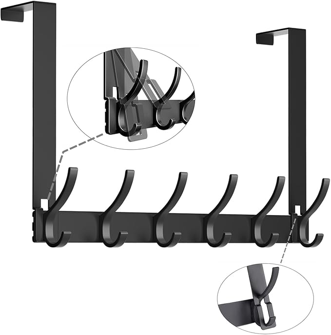 Over The Door Hooks - NO Nail Door Hanger Hook,NO Assembly REQUIERDE Coat Rack on Door with 12 Hooks,Over The Door Towel Racks for Bathroom,Bedroom,Kitchen,Hanging Towels,Coats (Black)
