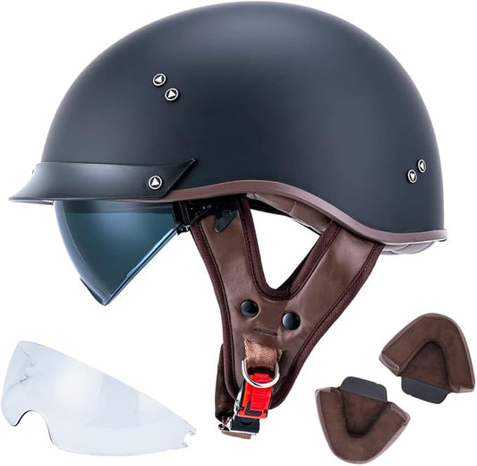 VCOROS Half Helmet Motorcycle DOT Approved Open Face Helmet F07 with Sun Visor and Quick Release Buckle for Adults Men and Women (Matte Black,S)