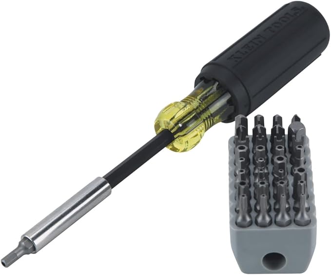 Klein Tools 32510 Magnetic Multibit Screwdriver with Sturdy Torx, Hex, Spanner, Tri-Wing, Torq and Nut Tamperproof Bits and Storage Block