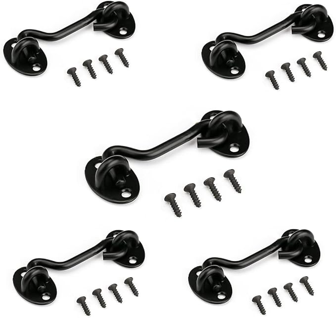 Privacy Hook and Eye Latch Easy Lock for Barn Door, Black (4 INCH-5PCS)