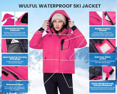 WULFUL Women's Waterproof Ski Jacket Warm Winter Coats Windproof Winter Jackets for Women Fleece Lined Windbreaker with Hood