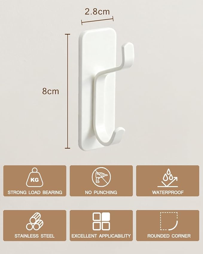 6 Pack Adhesive Wall Hooks - 15lbs Extra Stick On Hooks Heavy Duty Coat Hooks for Walls No Damage - Strong Sticky Hook for Hanging Key Purse Towel in Bathroom Kitchen Door, White