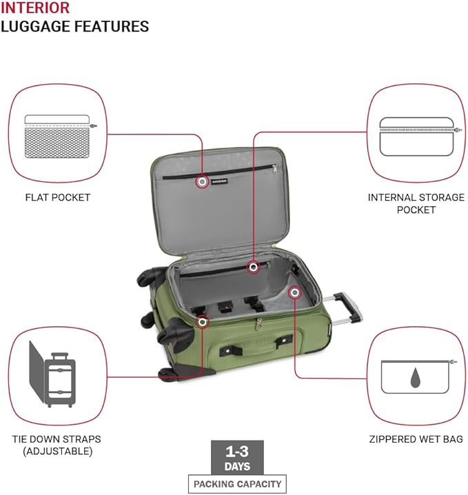 SwissGear Sion ソフトサイド 拡張可能ラゲージ スピナーホイール付き、エバーグリーン 機内持ち込み 21インチ