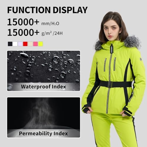 Womens Ski Jacket Fitted Snow Coat with Belted Fur Hood