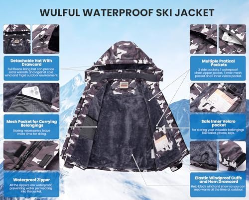 WULFUL Women's Waterproof Ski Jacket Warm Winter Coats Windproof Winter Jackets for Women Fleece Lined Windbreaker with Hood